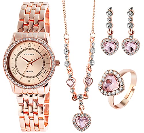 Excellanc Geschenkset-Damen Uhr Kette Ring Ohrstecker Strass Analog 1800220 (roségoldfarbig) von Excellanc