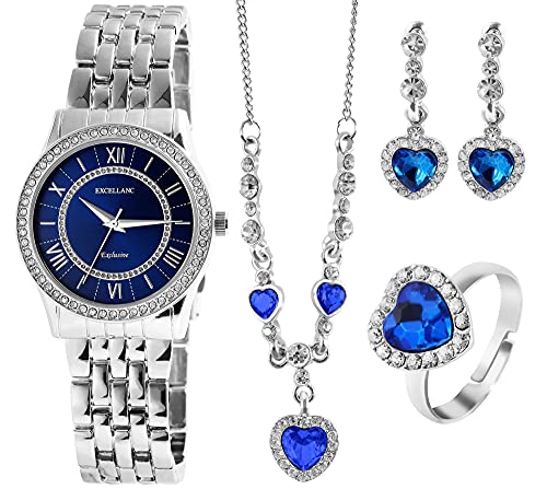 Excellanc Geschenkset-Damen Uhr Kette Ring Ohrstecker Strass Analog 1800220 (silberfarbig blau) von Excellanc