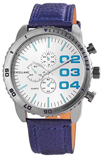 Excellanc Große XXL Herren Armbanduhr Silber Blau Chrono-Look Leder Imitat Männer 9295071000177 von Excellanc