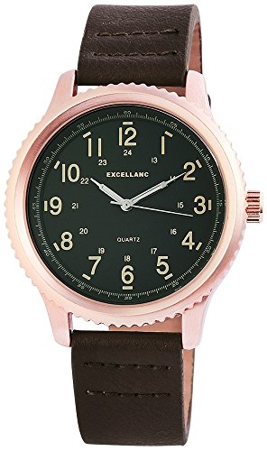 Excellanc Herren Analog Armbanduhr mit Quarzwerk 295136000007 und Metallgehäuse mit Kunstlederarmband in Braun und Dornschließe Ziffernblattfarbe grün Bandgesamtlänge 24 cm Armbandbreite 20 mm von Excellanc