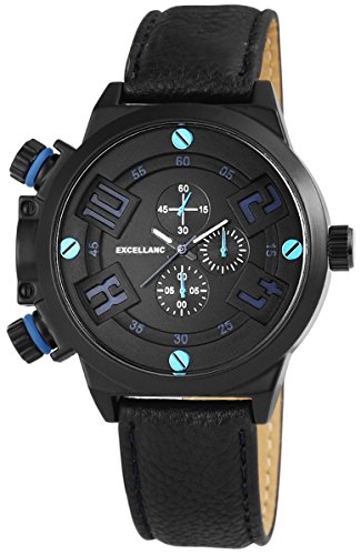 Excellanc Herren Analog Armbanduhr mit Quarzwerk 295171300004 Metallgehäuse mit Kunstlederarmband Schwarz und Dornschließe Ziffernblatt schwarz Bandgesamtlänge 26cm Bandbreite 22mm von Excellanc