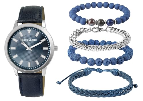 Excellanc Herren-Schmuckset Kunstleder Armbanduhr Armbänder 2900222 (blau silberfarbig) von Excellanc