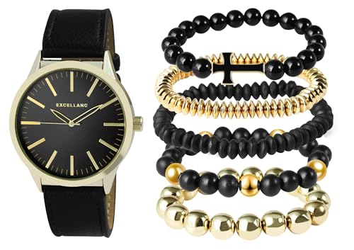 Excellanc Herren-Schmuckset Kunstleder Armbanduhr Armbänder 2900224 (schwarz goldfarbig) von Excellanc