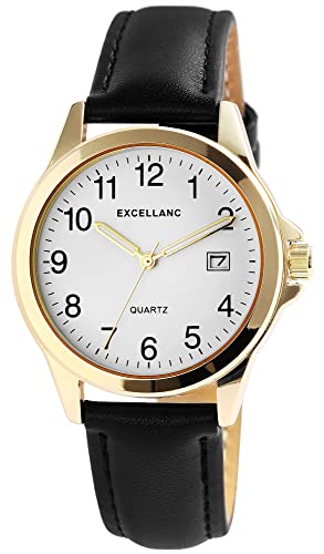 Excellanc Herren-Uhr Kunstleder Armband Dornschließe Leuchtzeiger Analog 2900211 (schwarz goldfarbig) von Excellanc