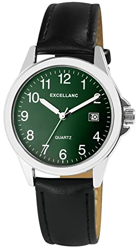 Excellanc Herren-Uhr Kunstleder Armband Dornschließe Leuchtzeiger Analog 2900211 (schwarz silberfarbig grün) von Excellanc