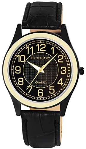 Excellanc Herren-Uhr Kunstleder Dornschließe Analog Quarz 2900228 (schwarz goldfarbig) von Excellanc