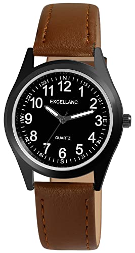 Excellanc Herren-Uhr Kunstleder Dornschließe Leuchtzeiger Analog Quarz 2900227 (braun schwarz) von Excellanc