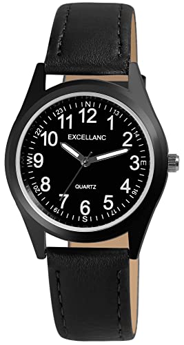 Excellanc Herren-Uhr Kunstleder Dornschließe Leuchtzeiger Analog Quarz 2900227 (schwarz schwarz) von Excellanc
