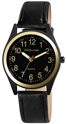 Excellanc Herren-Uhr Kunstleder Dornschließe Leuchtzeiger Analog Quarz 2900227 (schwarz schwarz goldfarbig) von Excellanc