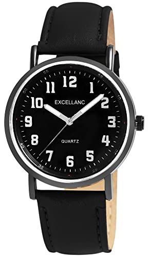 Excellanc Herren-Uhr Kunstleder Dornschließe Leuchtzeiger Analog Quarz 2900229 (schwarz schwarz weiß) von Excellanc