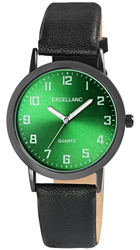 Excellanc Herren-Uhr Kunstleder Dornschließe Leuchtzeiger Analog Quarz 2900230 (schwarz grün) von Excellanc