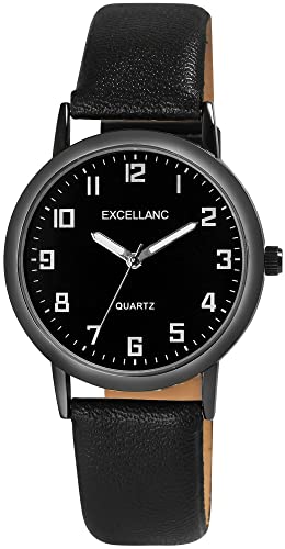 Excellanc Herren-Uhr Kunstleder Dornschließe Leuchtzeiger Analog Quarz 2900230 (schwarz schwarz weiß) von Excellanc