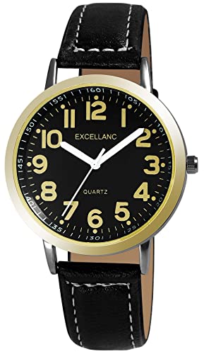 Excellanc Herren-Uhr Kunstleder Dornschließe Leuchtzeiger Analog Quarz 2900232 (schwarz schwarz goldfarbig) von Excellanc