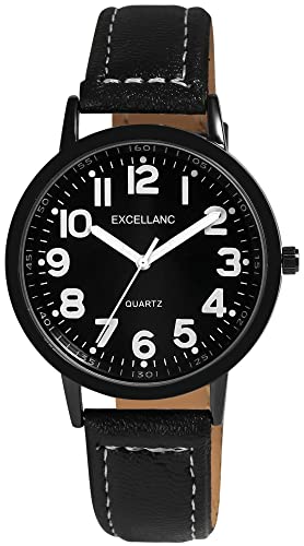 Excellanc Herren-Uhr Kunstleder Dornschließe Leuchtzeiger Analog Quarz 2900232 (schwarz schwarz weiß) von Excellanc