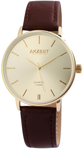 Excellanc Herrenuhr Gold Braun Analog Kunst Leder 3ATM Quarz 92900120004 von Excellanc