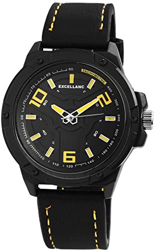 Excellanc Herren-Uhr Kunstleder Armband Dornschließe Analog Quarz 2900088 (schwarz gelb) von Excellanc