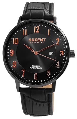 Excellanc Herrenuhr Schwarz Roségold Analog Datum Kunst Leder 3ATM Quarz 92900189002 von Excellanc