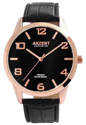 Excellanc Herrenuhr Schwarz Rosègold Analog Kunst Leder 3ATM Quarz 92900191001 von Excellanc