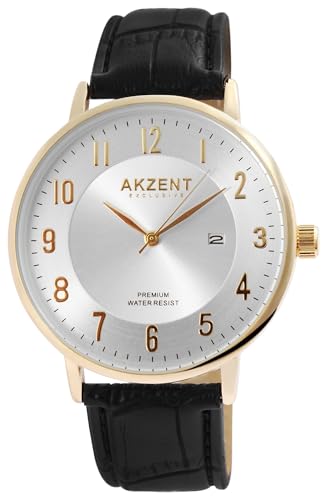 Excellanc Herrenuhr Silber Gold Schwarz Analog Datum Kunst Leder 3ATM Quarz 92900189001 von Excellanc