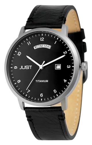 Excellanc Just Herren Armband Uhr Schwarz Analog Datum Tag Titan Echt Leder 5ATM Quarz 9JU20191005 von Excellanc