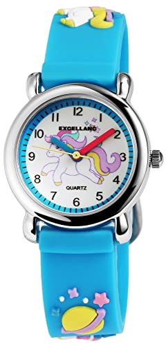 Excellanc Kinder Armband Uhr Weiß Blau 3D Einhorn Motiv Lernuhr Jungen Mädchen Kids 94500006002 von Excellanc