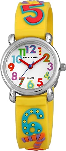 Excellanc Kinder Armband Uhr Weiß Gelb 3D Zahlen Ziffern Mathe Rechnen Schule Motive Lernuhr Jungen Mädchen Kids 94500020002 von Excellanc