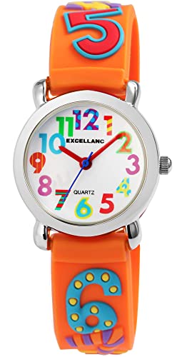 Excellanc Kinder Armband Uhr Weiß Orange 3D Zahlen Ziffern Mathe Rechnen Schule Motive Lernuhr Jungen Mädchen Kids 94500020004 von Excellanc