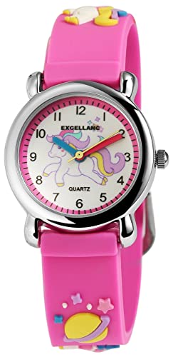 Excellanc Kinder Armband Uhr Weiß Rosa Pink 3D Einhorn Motiv Lernuhr Jungen Mädchen Kids 94500006001 von Excellanc