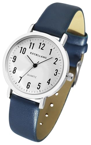 Excellanc Klassische Basic Damen Armband Uhr Weiß Blau Analog Kunst Leder Quarz Frauen 91900294004 von Excellanc