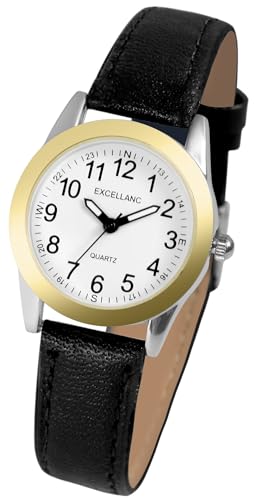 Excellanc Klassische Basic Damen Armband Uhr Weiß Schwarz Gold Analog Kunst Leder Quarz Frauen 91900289003 von Excellanc