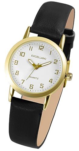 Excellanc Klassische Basic Damen Armband Uhr Weiß Schwarz Gold Analog Kunst Leder Quarz Frauen 91900290003 von Excellanc