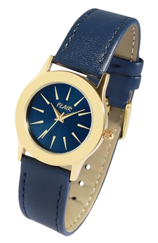 Excellanc Klassische Damen Armband Uhr Blau Gold Ohne Ziffern Echt Leder 5 Bar Flair Quarz 91900301002 von Excellanc