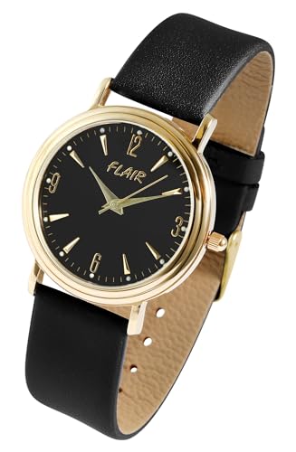 Excellanc Klassische Damen Armband Uhr Schwarz Gold Echt Leder 5 Bar Flair Quarz 91900300001 von Excellanc