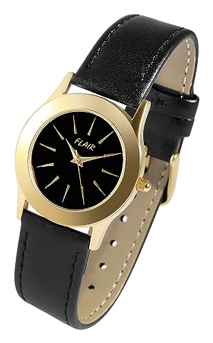 Excellanc Klassische Damen Armband Uhr Schwarz Gold Ohne Ziffern Echt Leder 5 Bar Flair Quarz 91900301001 von Excellanc