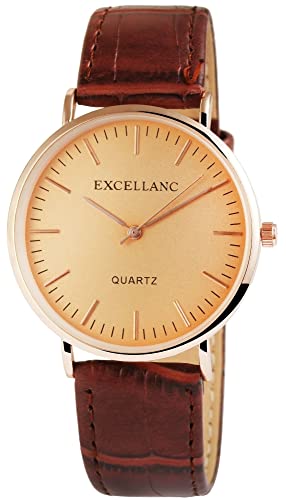 Excellanc Klassische Herren Armband Uhr Rosègold Braun Analog Kunst Leder Quarz 92900018002 von Excellanc