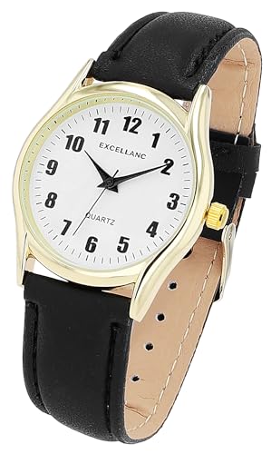 Excellanc Klassische Herren Armband Uhr Weiß Gold Schwarz Analog Kunst Leder Quarz 92900226001 von Excellanc