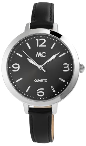 Excellanc Klassische MC Timetrend Germany Damenuhr Schwarz Silber Analog Echt Leder Quarz 951301 von Excellanc