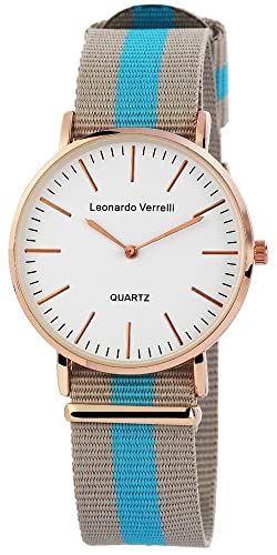 Excellanc Leonardo Verrelli Modische Design Damen Herren Armband Uhr Weiß Rosègold Grau Blau Analog Textil Quarz Unisex 9297231500001 von Excellanc