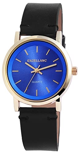 Excellanc Mode Damen Armband Uhr Blau Schwarz Gold Kunst Leder Quarz 9195003000204 von Excellanc