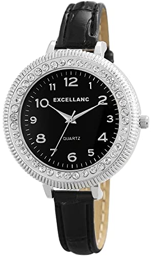 Excellanc Mode Damen Armbanduhr Schwarz Strass Kristalle Analog Leder Imitat Quarz Frauen 9193021000421 von Excellanc