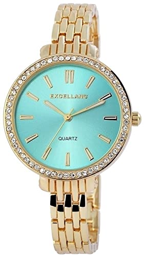 Excellanc Modische Damen Armband Uhr Blau Gold Strass Kristalle Analog Metall Frauen Quarz 91800012002 von Excellanc