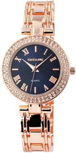 Excellanc Modische Damen Armband Uhr Blau Rosègold Strass Kristalle Römische Ziffern Analog Metall Frauen Quarz 91800075003 von Excellanc