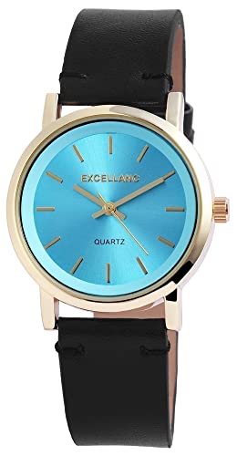 Excellanc Modische Damen Armband Uhr Blau Schwarz Gold Analog Echt Leder Quarz 9195003500204 von Excellanc