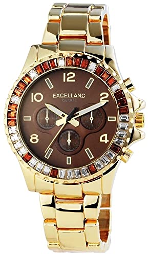 Excellanc Modische Damen Armband Uhr Braun Gold Strass Analog Chrono-Look Metall 9152407000040 von Excellanc
