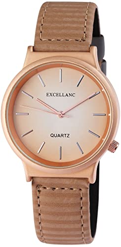 Excellanc Modische Damen Armband Uhr Braun Rosègold Streifen Design Analog Leder Imitat Quarz 91900034002 von Excellanc