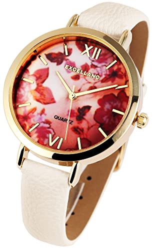 Excellanc Modische Damen Armband Uhr Creme Mehrfarbig Schwarz Blumen Floral Analog Kunst Leder Quarz 91900094004 von Excellanc