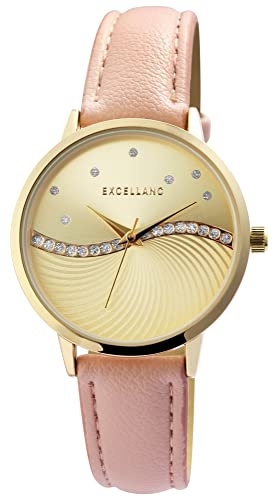 Excellanc Modische Damen Armband Uhr Gold Rosa Analog Strass Crystals Leder Imitat Quarz 91900241001 von Excellanc