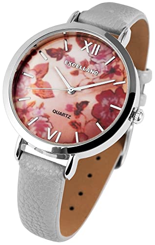 Excellanc Modische Damen Armband Uhr Grau Blumen Floral Analog Kunst Leder Quarz 91900094002 von Excellanc