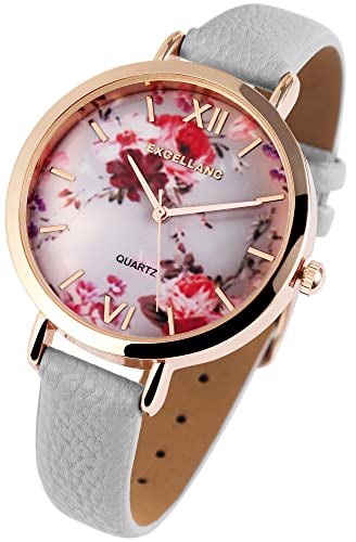 Excellanc Modische Damen Armband Uhr Mehrfarbig Grau Gold Blumen Floral Analog Kunst Leder Quarz 91900094006 von Excellanc