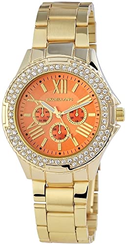 Excellanc Modische Damen Armband Uhr Orange Gold Chrono-Look Metall Strass Crystals Quarz 9152105800110 von Excellanc